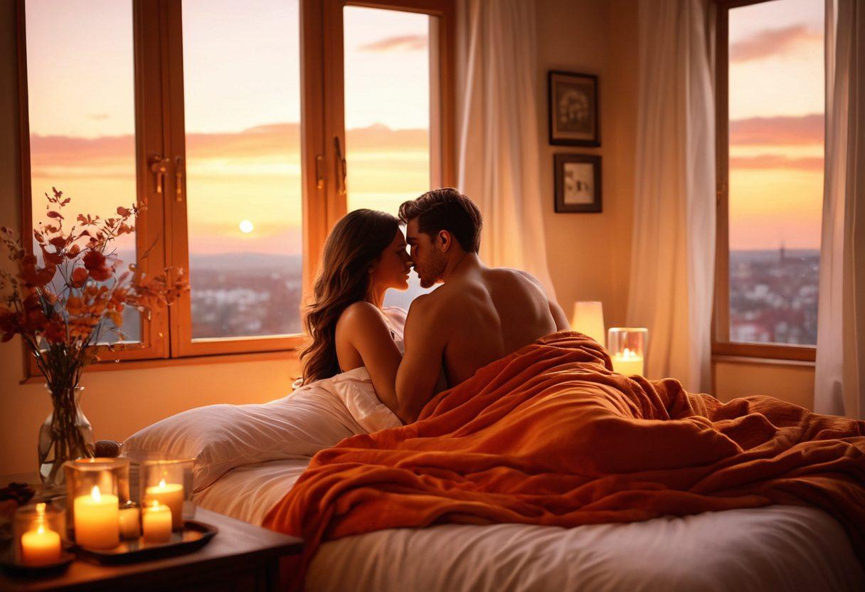 A serene and inviting scene showcasing a couple embracing in a cozy, candle-lit room adorned with soft pillows and lush blankets, capturing the essence of intimacy and connection. The background features a mesmerizing sunset casting warm hues, symbolizing growth and happiness in adult relationships. Delicate flowers and subtle art pieces enhance the ambiance, evoking a sense of passion and seductive experiences. super-realistic. warm colors. soft focus.