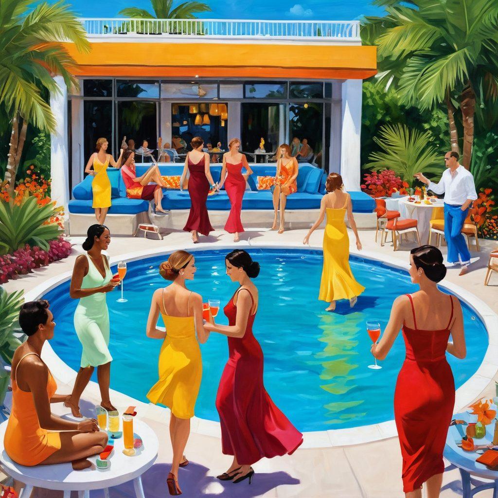 A collection of joyful scenes depicting adults engaging in various pleasurable activities, such as dancing, enjoying gourmet food, and lounging by a vibrant poolside. Include elements of entertainment like colorful cocktails and a live band in the background. Emphasize a sense of camaraderie and relaxation with bright and inviting colors. Create a lively atmosphere that embodies happiness and seductive allure. vibrant colors. super-realistic. upbeat style.